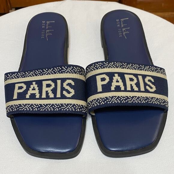 Navy Beige Slide “PARIS” Sandals Year Round 8.5 - Picture 1 of 9